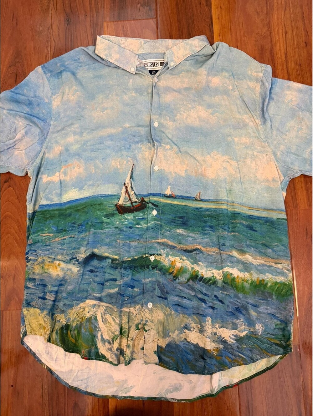 RSVLTS Shirt Mens 3XL Blue Seascape Van Gogh Series Museum Button Down Rayon